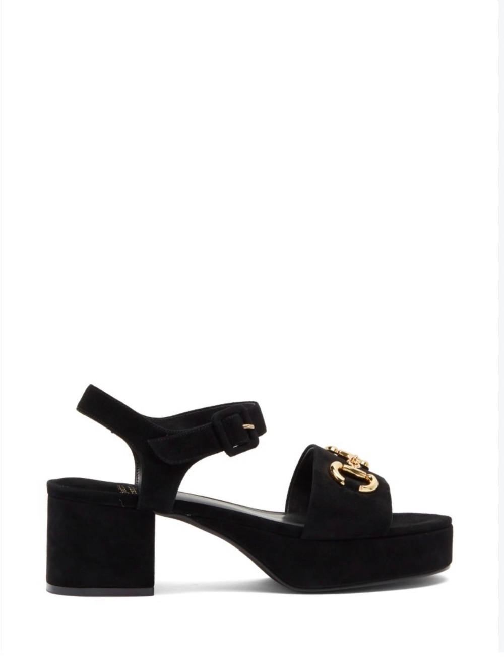 Jeffrey Campbell Timeless Black Suede platform sandal polished gold-tone detail